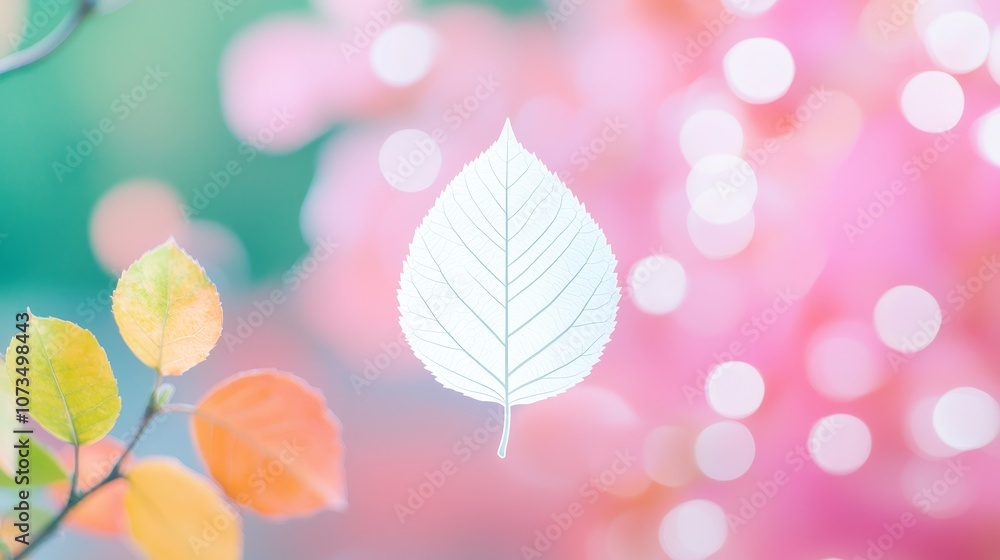 Poster explore the serenity of nature through a captivating leaf image surrounded by soft colorful bokeh