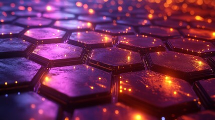 Obraz premium Futuristic honeycomb design with glowing green and magenta neon lights reflective metallic textures and realistic shadows, illustrator