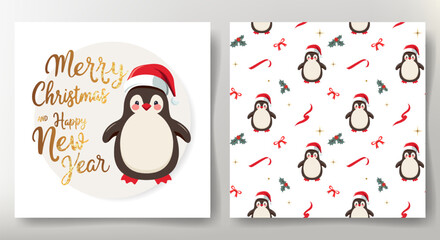 Merry Christmas card and seamless pattern with cute penguin in santa hat. Christmas template. Winter characters.