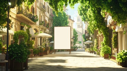 Obraz premium Vibrant Town Square Scene with Empty Standee Mockup Surrounded by Historic Buildings and Lively Street Vendors for Local Tourism Promotion
