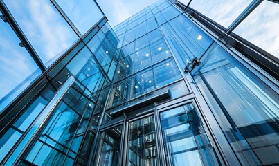 Low angle view of a modern glass and steel building with an automatic door entrance.