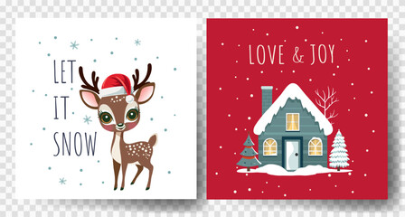 Christmas cards with cute winter reindeer and house. Happy celebrate xmas tags. Childish holiday greeting cards