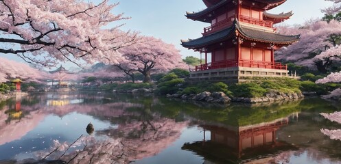 Fototapeta premium Traditional Japanese pagoda surrounded by cherry blossoms reflected in calm water during spring