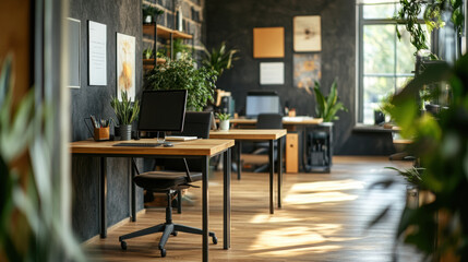 Fototapeta premium Modern small office space with plants, desks, and natural light