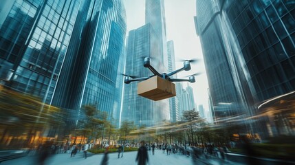Obraz premium Drone delivering package in urban city center with motion blur