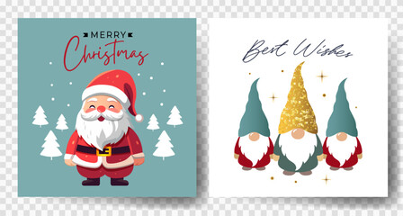 Fototapeta premium Christmas cards with cute winter characters santa, elf. Happy celebrate xmas tags. Childish greeting cards