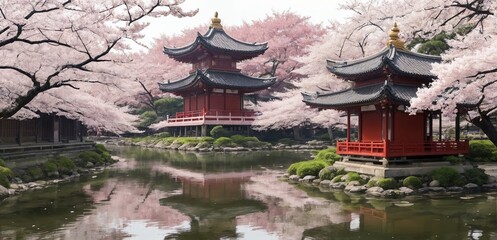 Fototapeta premium Traditional Japanese pagoda surrounded by cherry blossoms reflected in calm water during spring