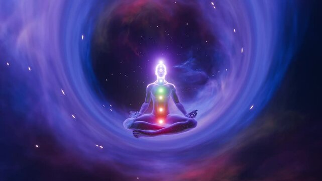 Person activating 7 chakras Kundalini activation for a person Spirit sitting in lotus pose mediating and achieving spiritual awakening