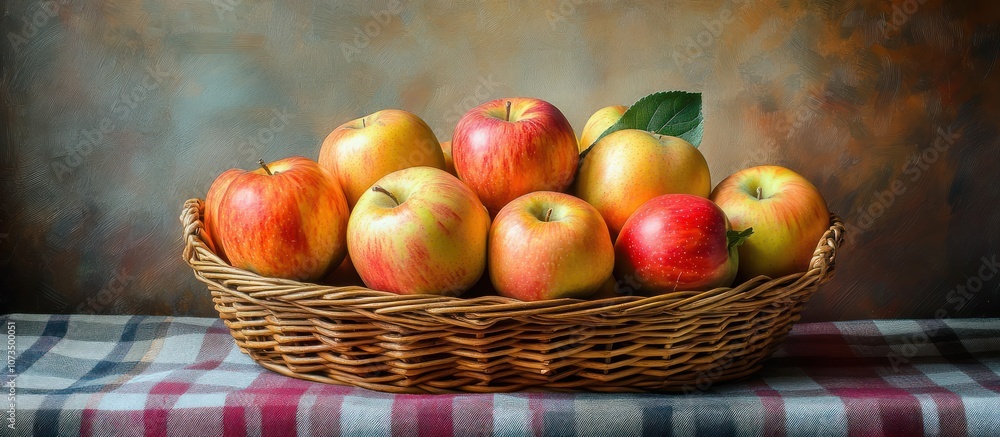 Poster a wicker basket overflowing with ripe red and yellow apples sits on a checkered tablecloth.