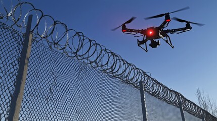 Drone flying over prison perimeter fence with barbed wire,