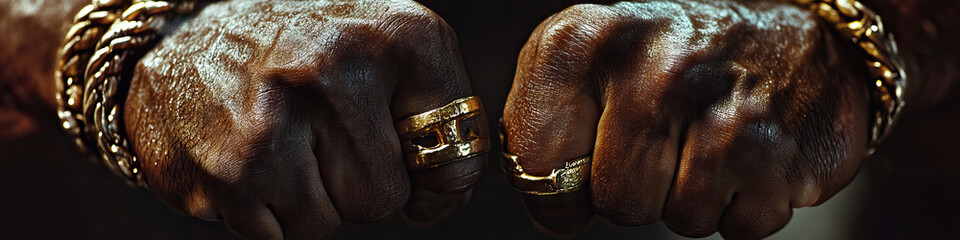 A close-up of a pair of determined fists, adorned with strength-enhancing jewelry.