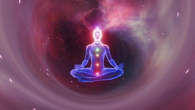 7 chakras Kundalini activation for a person Spirit sitting in lotus pose mediating and achieving spiritual awakening | Seven Chakra Concept Animation for Spiritual Awakening