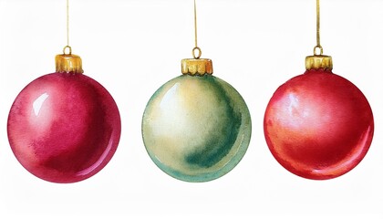 Obraz premium Three Christmas hanging baubles, watercolor
