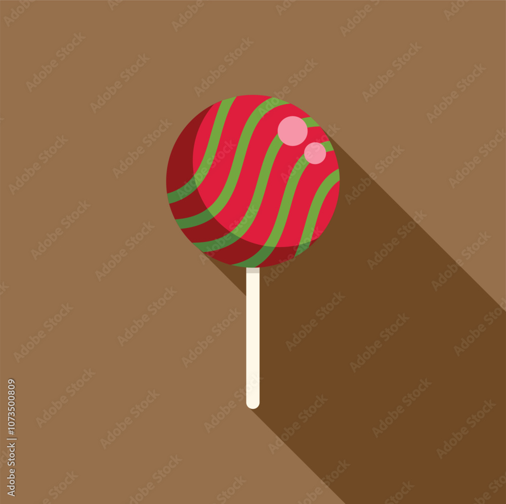 Poster round lollipop with red and green swirl pattern casting a long shadow on a simple brown background