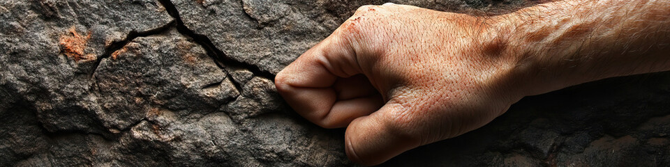 Fototapeta premium A hand grasping a rock, with cracks and scrapes showcasing its strength.