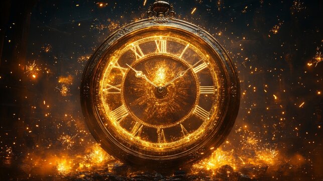 Glowing clock surrounded by sparks and flames
