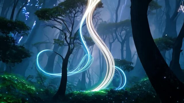 Enchanted Light Ribbons Ribbons of light weaving through magical forests, creating beautiful patterns in the air
