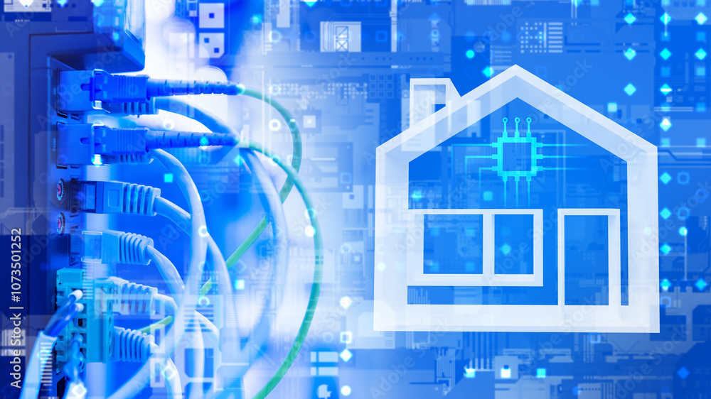 Poster network infrastructure. internet equipment. smart home server. network switch with fiber optic wires