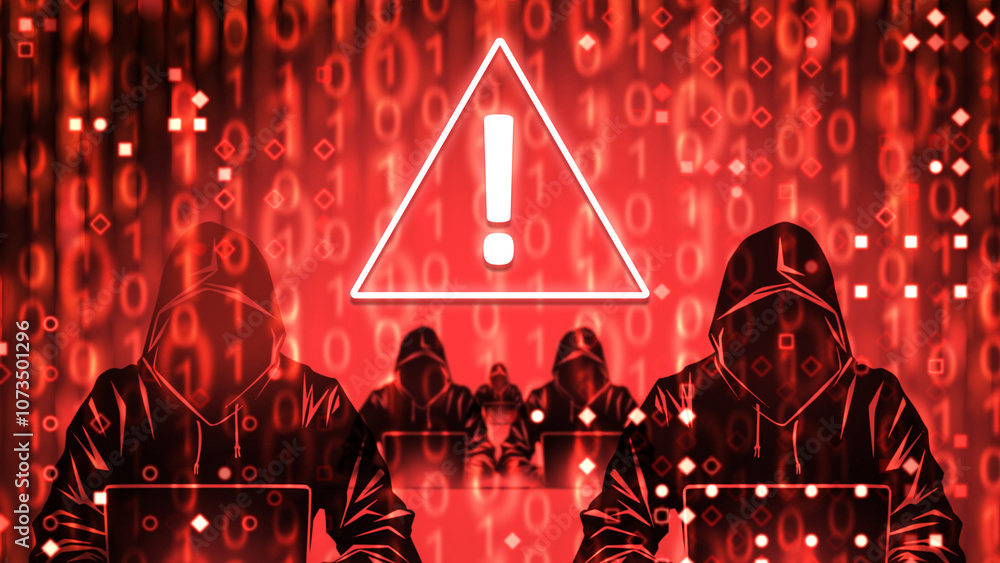 Poster hacker attack. silhouettes of cyber criminals. red hacker background. people in hoods sit at laptops