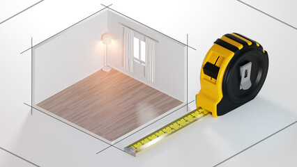 Architectural design of apartments. Drawings and layout of room. Construction tape. Empty room with...