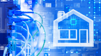 Network infrastructure. Internet equipment. Smart home server. Network switch with fiber optic...