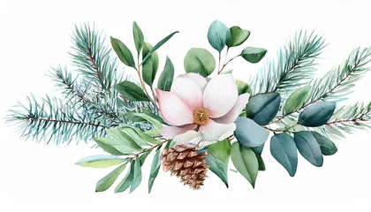 Watercolor Scandinavian Christmas Composition. Hand drawn winter decoration. Magnolia leaves, rosemary branch, spruce, eucalyptus, holly and pinecones bouquet.