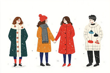 Fototapeta premium Four people in winter coats stand together in falling snow, two holding hands