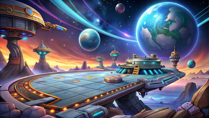 Obraz premium Cartoon spaceport with a large planet in the background and a bridge in the foreground, surrounded by buildings and structures. Background for the game.