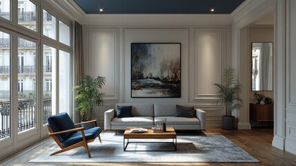 Modern living room with a grey sofa, blue armchair, coffee table, and a large abstract painting on the wall.