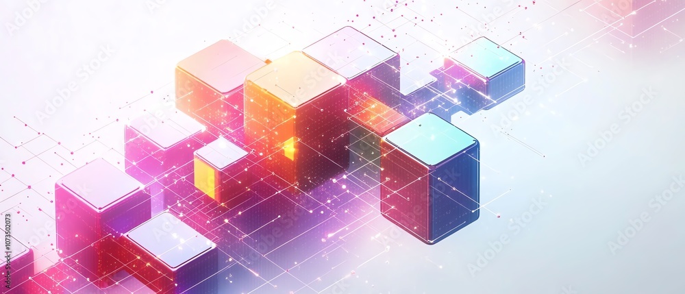 Poster Abstract isometric network in minimalist line art style, featuring colorful blocks and dots interconnected on a white background, conveying a sense of digital flow, Generative AI