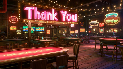 A dimly lit casino with neon lights and a red felt poker table in the foreground.