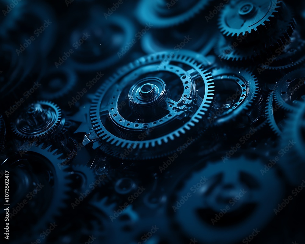Poster blue abstract technology background featuring rotating gears and cogs, dark color palette evoking a 