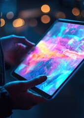A person is holding a tablet with a colorful screen