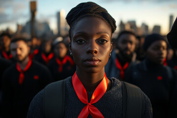 group of people wearing red ribbons stands together in solidarity, symbolizing awareness and support for World AIDS Day. city skyline is visible in background