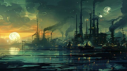 Obraz premium Industrial Waterfront Scene with Tar-Stained Harbor and Oil Slicks - Ships Departing Under a Gradient Sky
