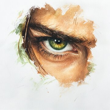Green Watercolor Portrait of Person with Envious Stare