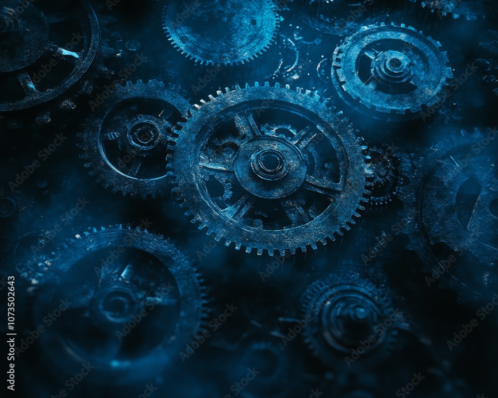Poster bluethemed abstract digital background with large gears and cogs, illuminated by soft glowing light,