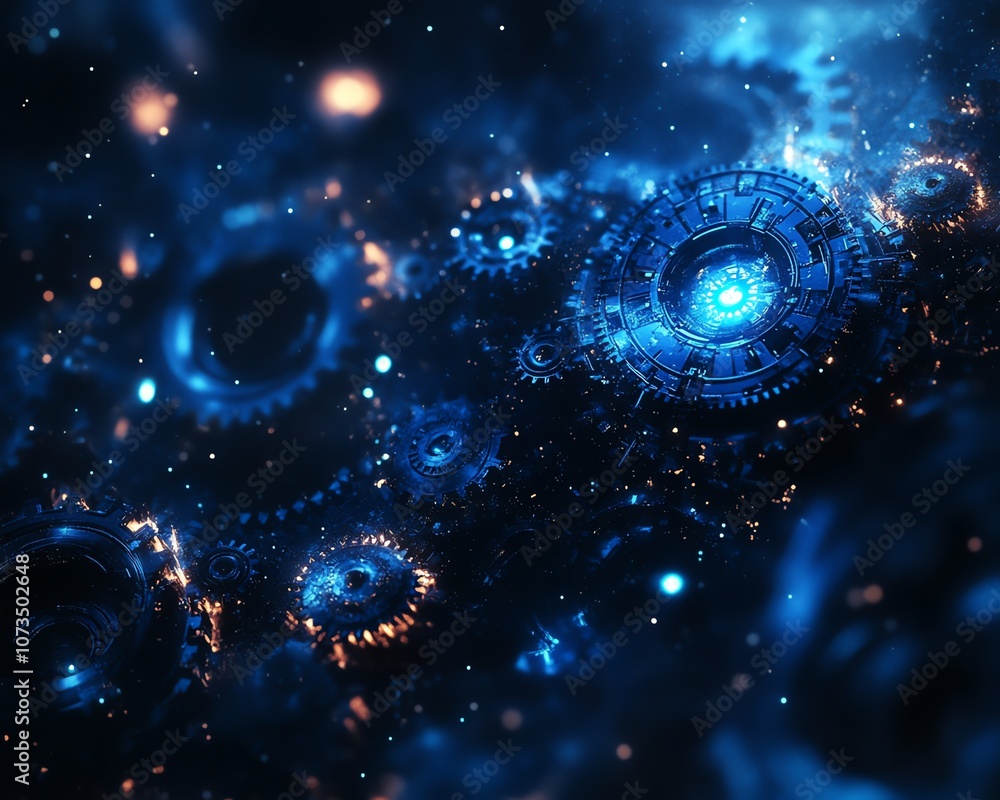 Poster bluethemed abstract digital background with large gears and cogs, illuminated by soft glowing light,