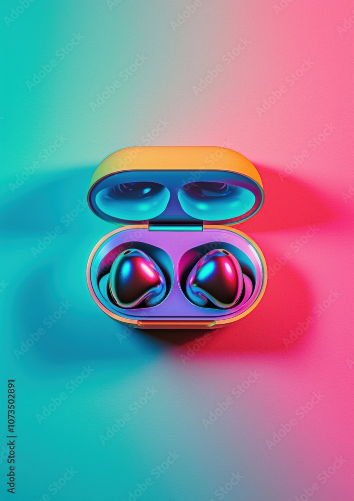 Poster a pair of earbuds with a colorful design are displayed on a colorful background