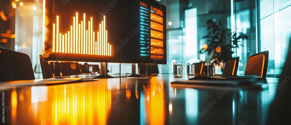 Poster A modern office workspace featuring a sleek desk and a high-tech monitor displaying a vibrant data graph, reflecting a professional business environment.