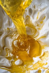 Golden honey pouring into creamy yogurt swirl