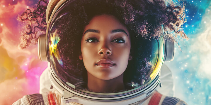 Beautiful young woman wearing a white spacesuit on the abstract colorful background 