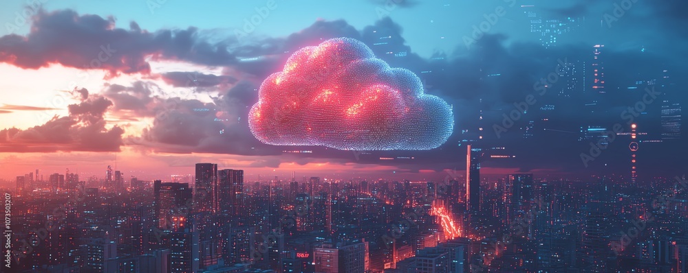 Poster cloud surrounded by digital technology icons, floating over an urban cityscape at dusk, showcasing c