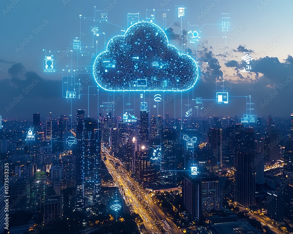 Poster Cloud with surrounding digital icons, floating over a modern cityscape, illustrating the integration of cloud services and urban technology, Generative AI