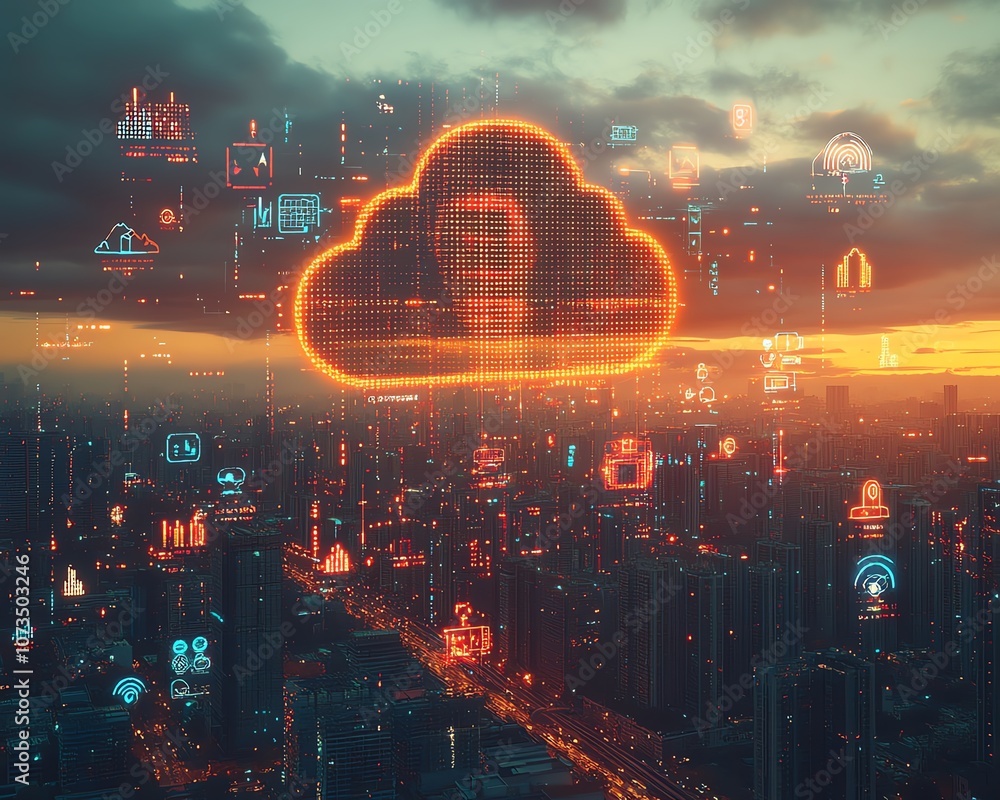 Poster cloud with surrounding digital icons, floating over a modern cityscape, illustrating the integration