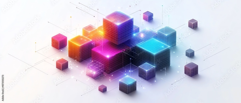 Poster Colorful isometric network with blocks and dots in minimalist line art style, connected by lines on a white background, modern abstract design, Generative AI