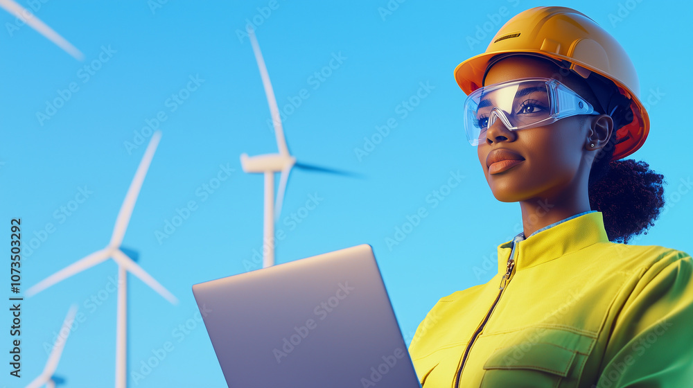 Poster female engineer analyzing data with wind turbines in background