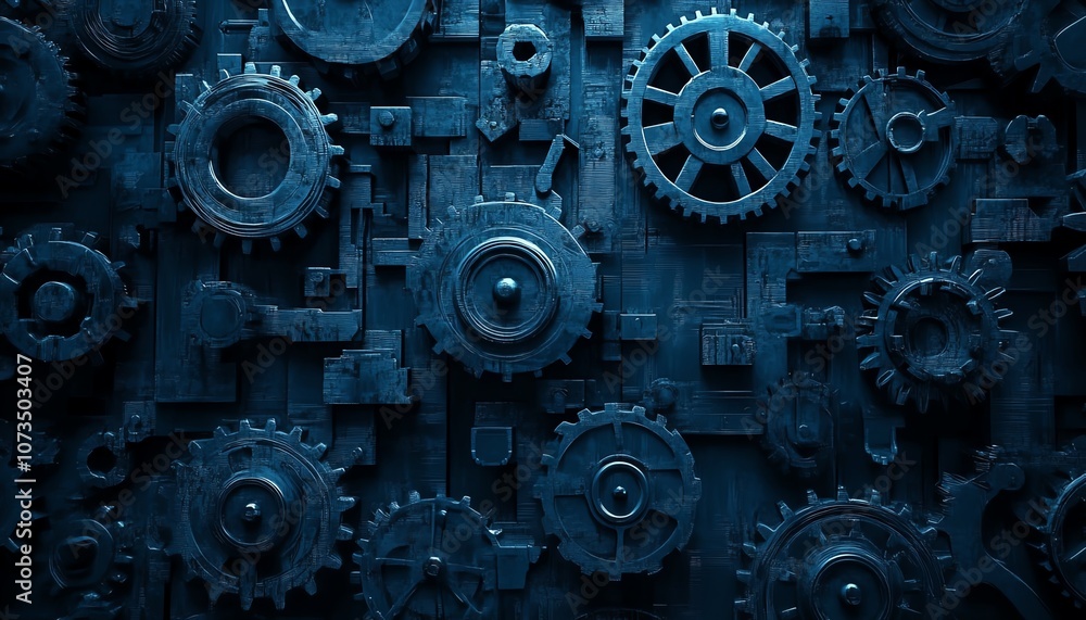 Aufkleber dark abstract technology background with blue hues, intricate gears and cogs, creating a digital and