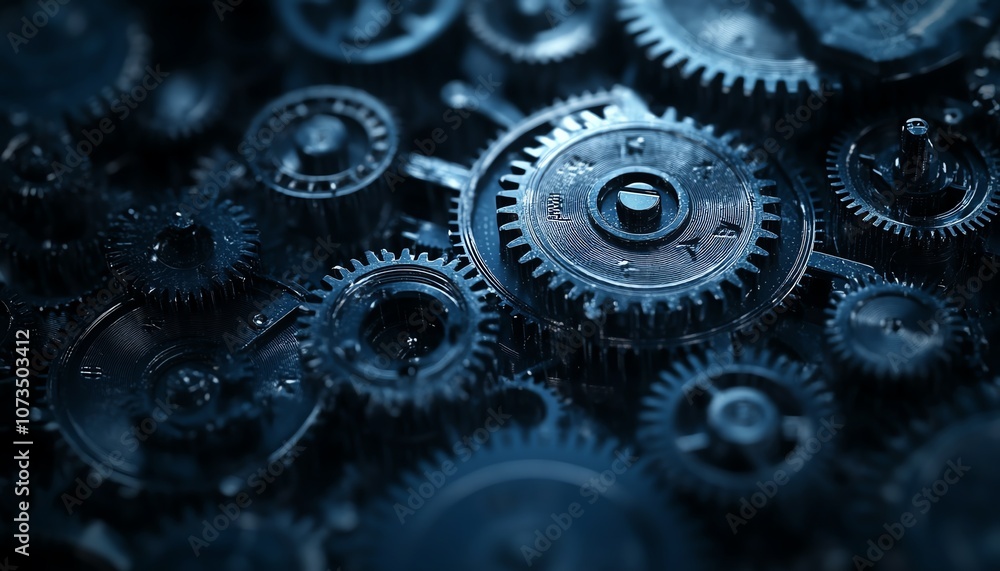 Poster dark abstract technology background with blue hues, intricate gears and cogs, creating a digital and