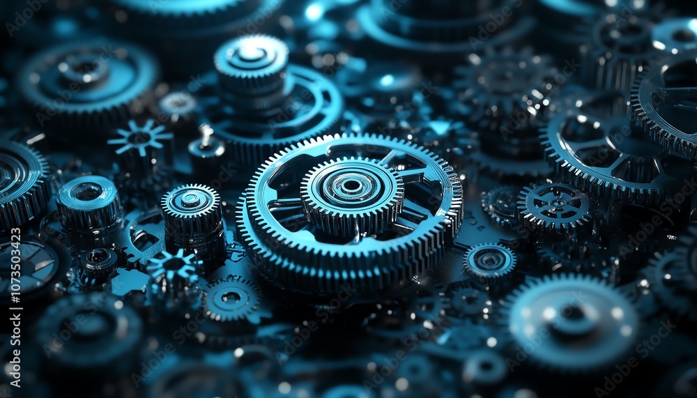 Poster dark abstract technology background with blue hues, intricate gears and cogs, creating a digital and